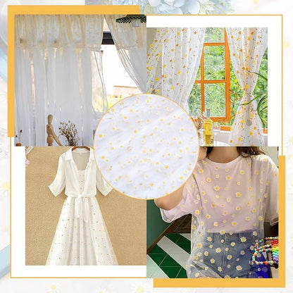 BENECREAT 4 Yard Daisy Flower Print Fabric, White Tulle Lace Ribbon for Wedding Dress Skirt DIY Sewing Decorations Craft Supplies