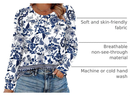 Womens Long Sleeve Shirts 2025 Fall Tunic Tops Crewneck Blouses Print