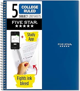 Five Star Spiral Notebook  Study App, 5 Subject, College Ruled Paper, Fights Ink Bleed, Water Resistant Cover, 8-12" x 11", 200 Sheets, Blue (73635)