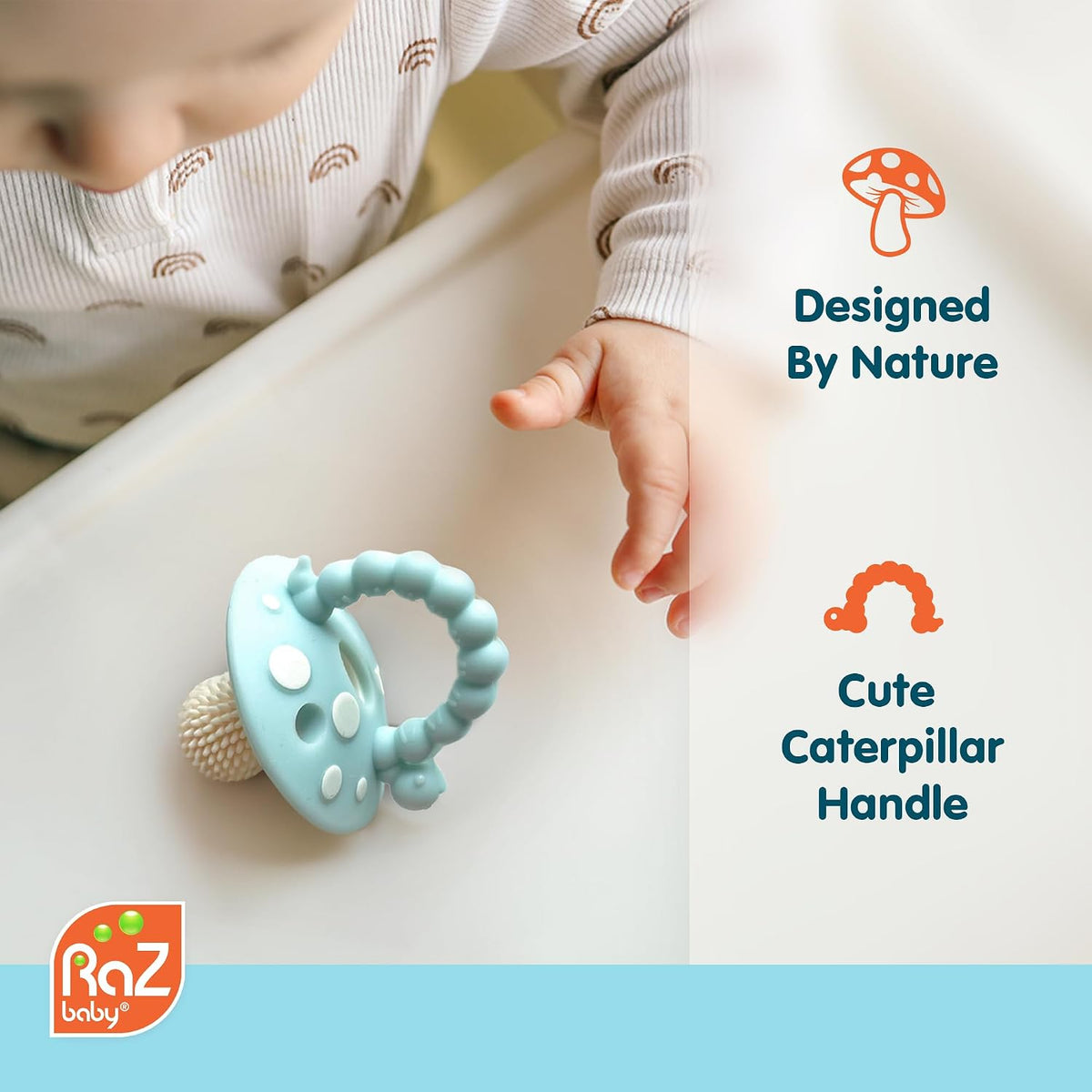 RaZbaby Soft Silicone Infant & Baby 3M+ Teether Toy Massaging Bristles Teething Relief Pacifier - Soothes Sore Gums - Hands-Free & Easy-to-Hold Chompy Teether, BPA Free (only Green)
