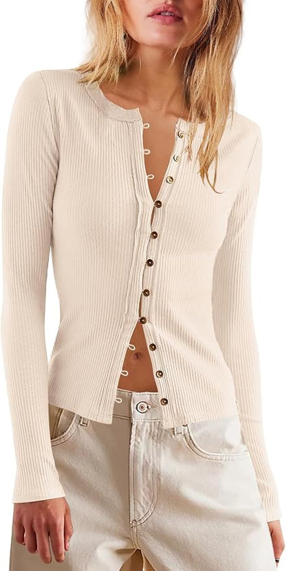 LAMISSCHE Lightweight Cardigans For Women Ribbed Long Sleeve Button Down Shirts Casual Going Out Tops Fitted Shirts