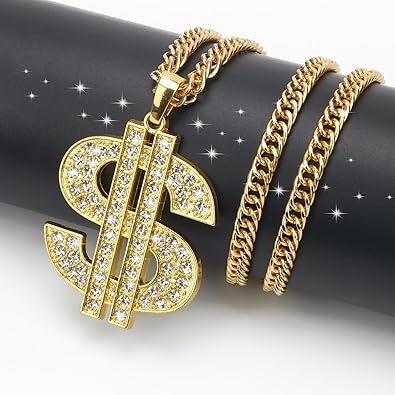 AHIER Gold Necklace Chain with Dollar Sign, 18K Gold Plated Hip Hop Chain Necklace Pendant for Men, 30inch (Rotatable,Lion Head)