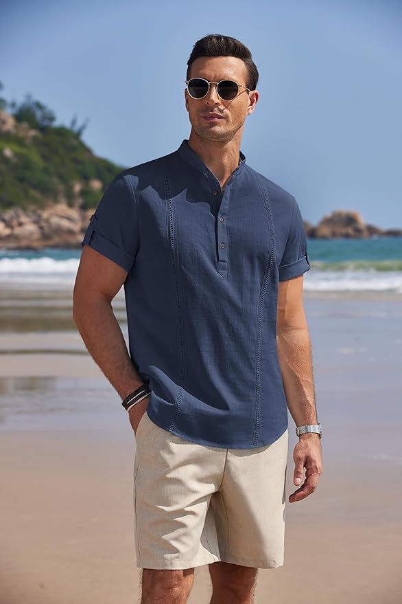 COOFANDY Men's Cotton Linen Henley Shirt Short Sleeve Hippie Casual Band Collar Summer Beach T-Shirts