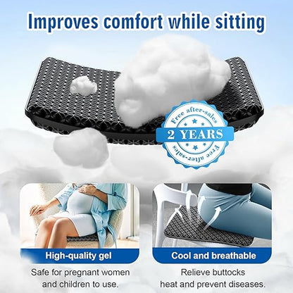 Seat Cushion, Gel Seat Cushion, Breathable Cool Suitable as Office Chair Cushion, Car Seat Cushion, Wheelchair Cushion, Large Size, Strong Support, Relieve Sciatica and Backache, 2 Anti-slip Covers1