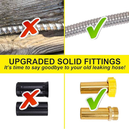 FOXEASE Metal Garden Hose 50FT - Stainless Steel Heavy Duty Water Hose with Metal Nozzle & 8 Function Sprayer, Portable & Lightweight Kink Free Yard Hose, Outdoor Hose