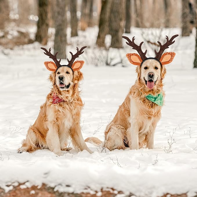 BWOGUE Dog Elk Reindeer Antlers Headband, Pet Christmas Costume Headwear Dog Antlers Costume, Dog Christmas Headband, Large Brown, Fits 13.4-21.3in Head Circumference, Wire-Supported Antlers