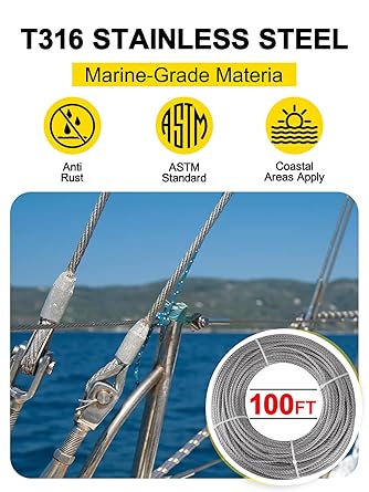 TooTaci 3/16 Wire Rope Cable, 100ft T316 Stainless Steel Cable 3/16 inch, Braided Steel Cable 7Ã—19 Strands, Marine Grade Aircraft Cable 3/16 for Cable Railing, Wire Railing for Deck,Porch Railing