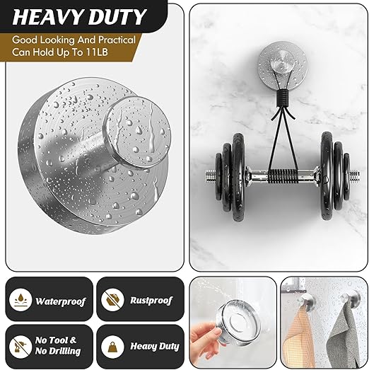 Suction Cup Hooks for Shower,2Pcs Shower Hooks for Inside Shower,No Drill Towel Hooks for Bathroom Wall,Kitchen,Glass,Mirror,Tile to Hang Towels,Robes,Loofah-Silver