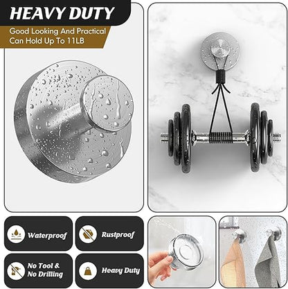 Suction Cup Hooks for Shower,2Pcs Shower Hooks for Inside Shower,No Drill Towel Hooks for Bathroom Wall,Kitchen,Glass,Mirror,Tile to Hang Towels,Robes,Loofah-Silver