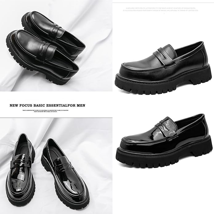 Men's Leather Platform Chunky Slip-On Penny Loafers Classic Round Toe Lug Sole Business Casual Formal Work Shoes