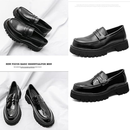 Men's Leather Platform Chunky Slip-On Penny Loafers Classic Round Toe Lug Sole Business Casual Formal Work Shoes