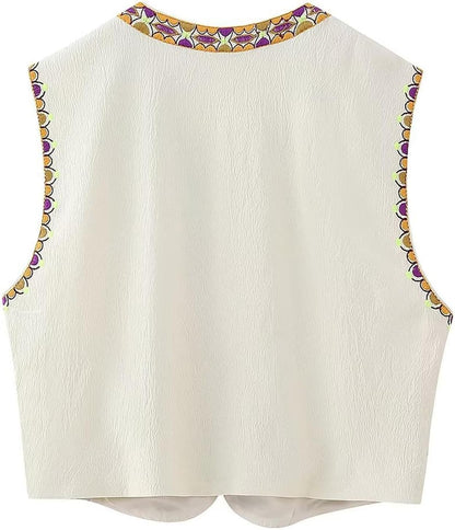Wyeysyt Women Floral Embroidered Vest Vintage Sleeveless Boho Y2k Cardigan Open Front Cropped Waistcoat