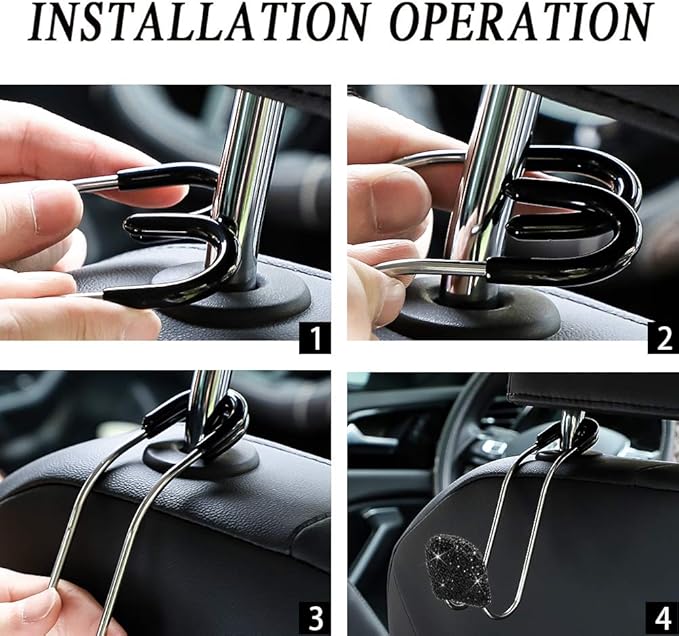 SAVORI Car headrest hooks, universal rhinestone car accessories for car rear seat, metal head hanging organizer, holder for