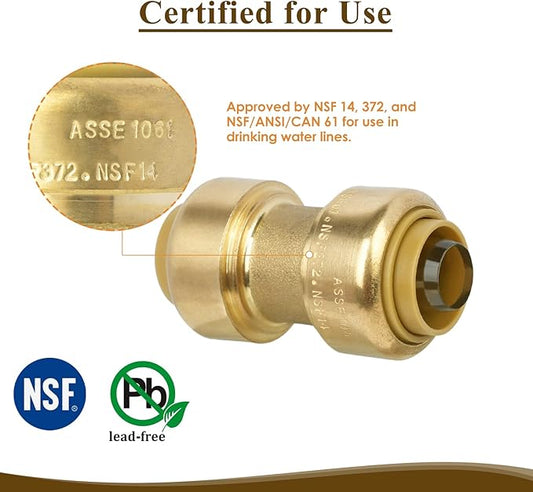 1/2" Pushfit Straing Coupling, Push Fit Pex Fitting for Copper, CPVC Pipe, Brass Push to Connect Plumbing Fitting with Upgraded Stiffener (1 Pack)
