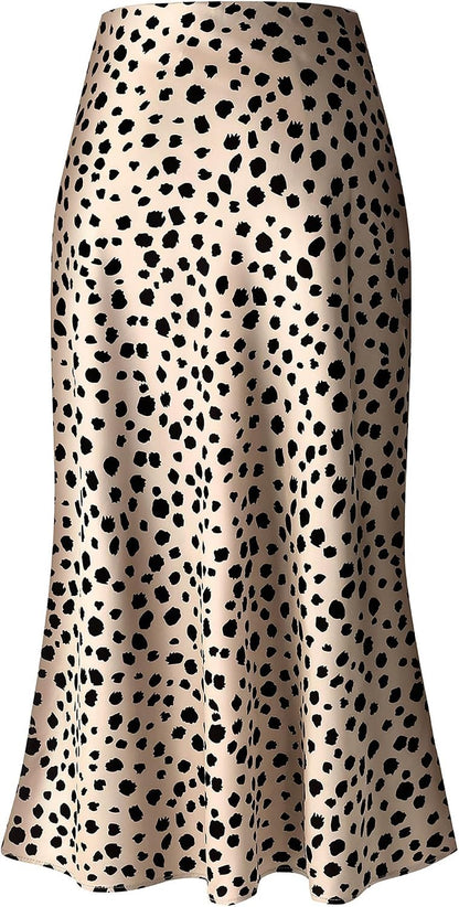 Keasmto Leopard Print Skirt for Women Cheetah High Waist Silk Satin Elasticized Skirt