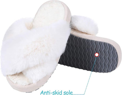 Girl's Soft Plush Lightweight House Slippers Non Slip Cross Band Slip on Open Toe Cozy Indoor Outdoor Slippers