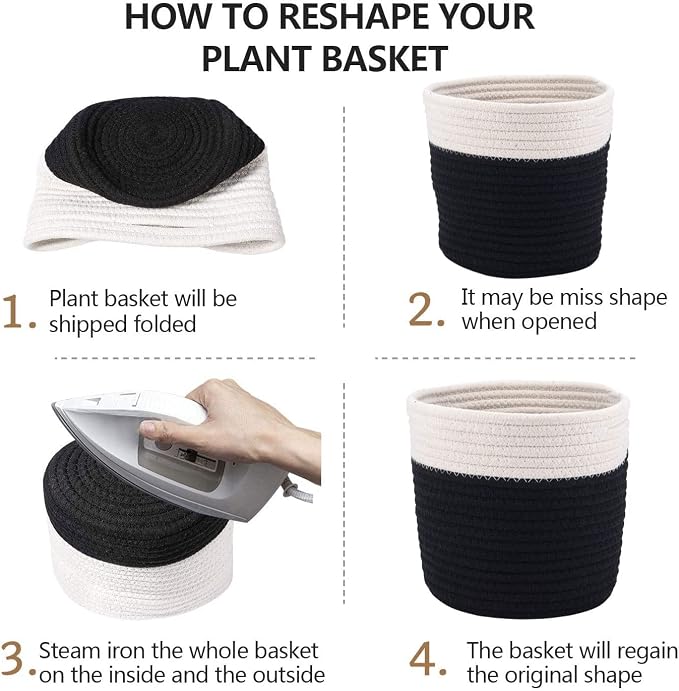 6.5 inch Planter Baskets for Indoor Planters Cotton Rope Flower Plant Pots Cover,Woven Storage Baskets for Crafts,Organization Modern Home Decor H6 3/4" x W6 1/2" Black&White