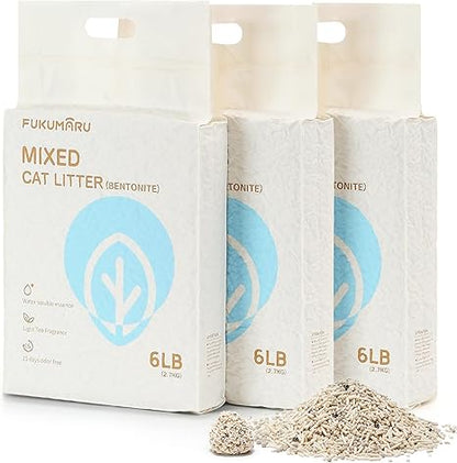 FUKUMARU Tofu Cat Litter, Strong Clumping Cat Litter Pellets, Effective Oder Control, Ultra Absorbent, Dust Free, Natural, Flushable, Lightweight, Low Tracking, White Tea, 6lb x 3 Bags