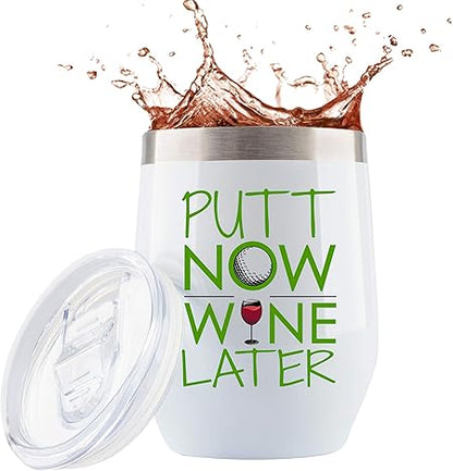 JENVIO Golf Gifts for Women  White Stainless Steel Wine Tumbler Sliding Lid and Straw  Funny Female Themed Stuff for Golfers Christmas Gift (12 Ounce)