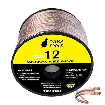 PAKA TOOLS High Performance Speaker Wire Copper Clad Aluminum (CCA) Speaker Cable 100 FT Spool  Ideal Home Cinema Speaker Wire Cable and Car Audio Speaker CablesSpeaker Wires (12 Gauge 100 FEET)