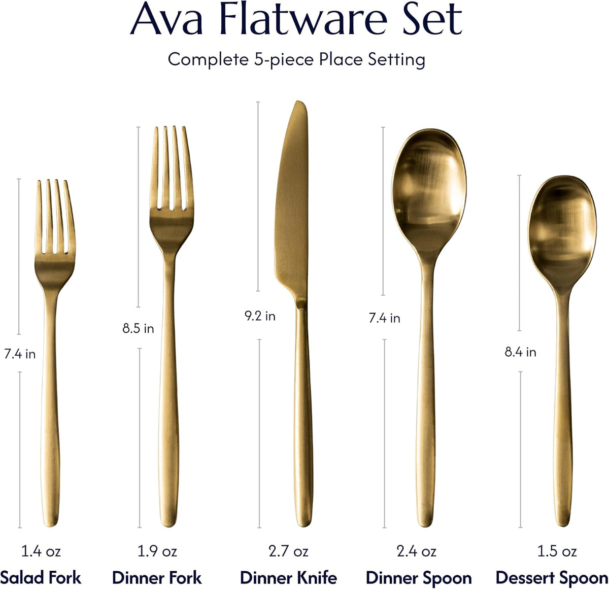 JazzUpCo Ava Flatware Flatware non toxic 18/10 stainless steel dishwasher safe (Matte Gold, 4 Person Set (20 Pieces))