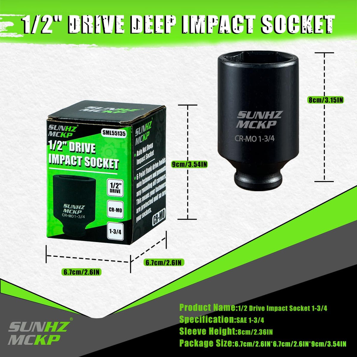 SUNHZMCKP 1/2 Inch Drive Impact Socket, SAE 1-3/4 In Deep Socket, CR-MO, 6 Point Axle Nut Socket for Easy Removal of Axle Shaft Nuts (1-3/4) (minor cosmetic damage)