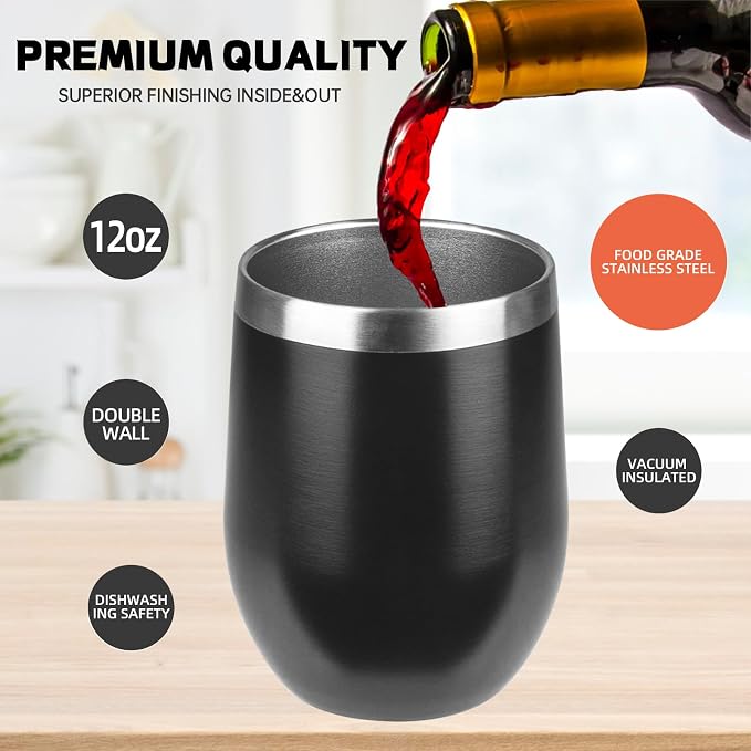 StarSpeed 12oz Insulated Wine Tumbler with Lid,Black 18/8 Stainless Steel Travel Tumbler,Double Wall Coffee Cup,BPA Free Wine Glass,Coffee Mug for Cold & Hot Drinks