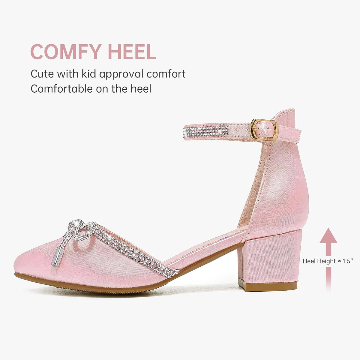 LAURMOSA Girls Sandals Closed Toe High Heels Pointed Toe Ankle Strap Pumps Flower Girl Dressy Shoes in Wedding Party Cute Bowknot Chunky Block Heeled for Little Big Kids (Little Kids Size 11)