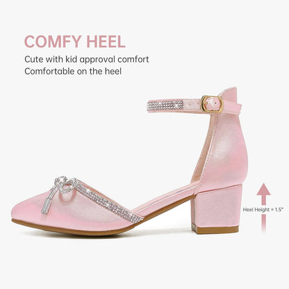 LAURMOSA Girls Sandals Closed Toe High Heels Pointed Toe Ankle Strap Pumps Flower Girl Dressy Shoes in Wedding Party Cute Bowknot Chunky Block Heeled for Little Big Kids (Little Kids Size 11)