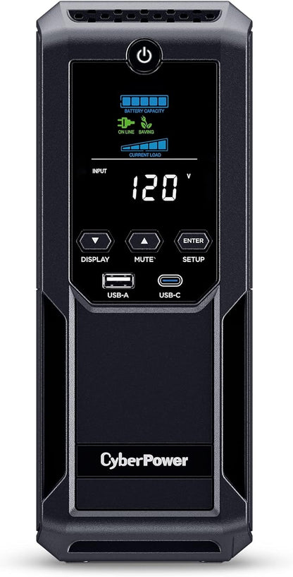 CyberPower CP1500AVRLCD3 Intelligent LCD UPS System, 1500VA900W, 12 Outlets, 2 USB Ports, AVR, Mini Tower, Black