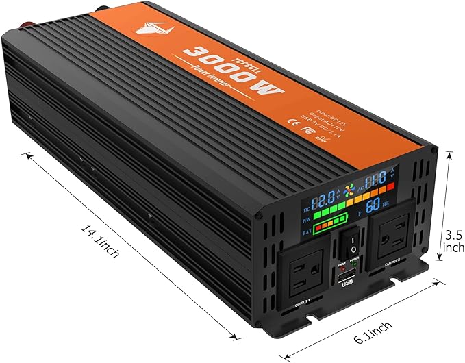 Power Inverter 3000 Watt, Car/Outdoor 12V DC to 110V AC Converter, with LED Display, Dual AC Outlets, USB Port, Dual Smart Fans, Cables Included, Suitable for RV, Outdoor, Camping, Boat, Emergency