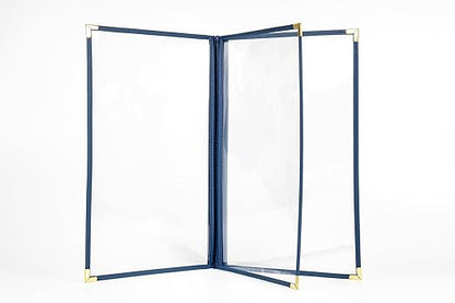 Menu Covers, Triple Page, 3 Pockets, 6 View, for 8.5" x 14" Legal Size Paper, Pack of 6, Blue Edging  Gold Metal Corner, Made with Leatherette  Vinyl