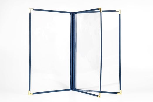 Menu Covers, Triple Page, 3 Pockets, 6 View, for 8.5" x 14" Legal Size Paper, Pack of 6, Blue Edging  Gold Metal Corner, Made with Leatherette  Vinyl