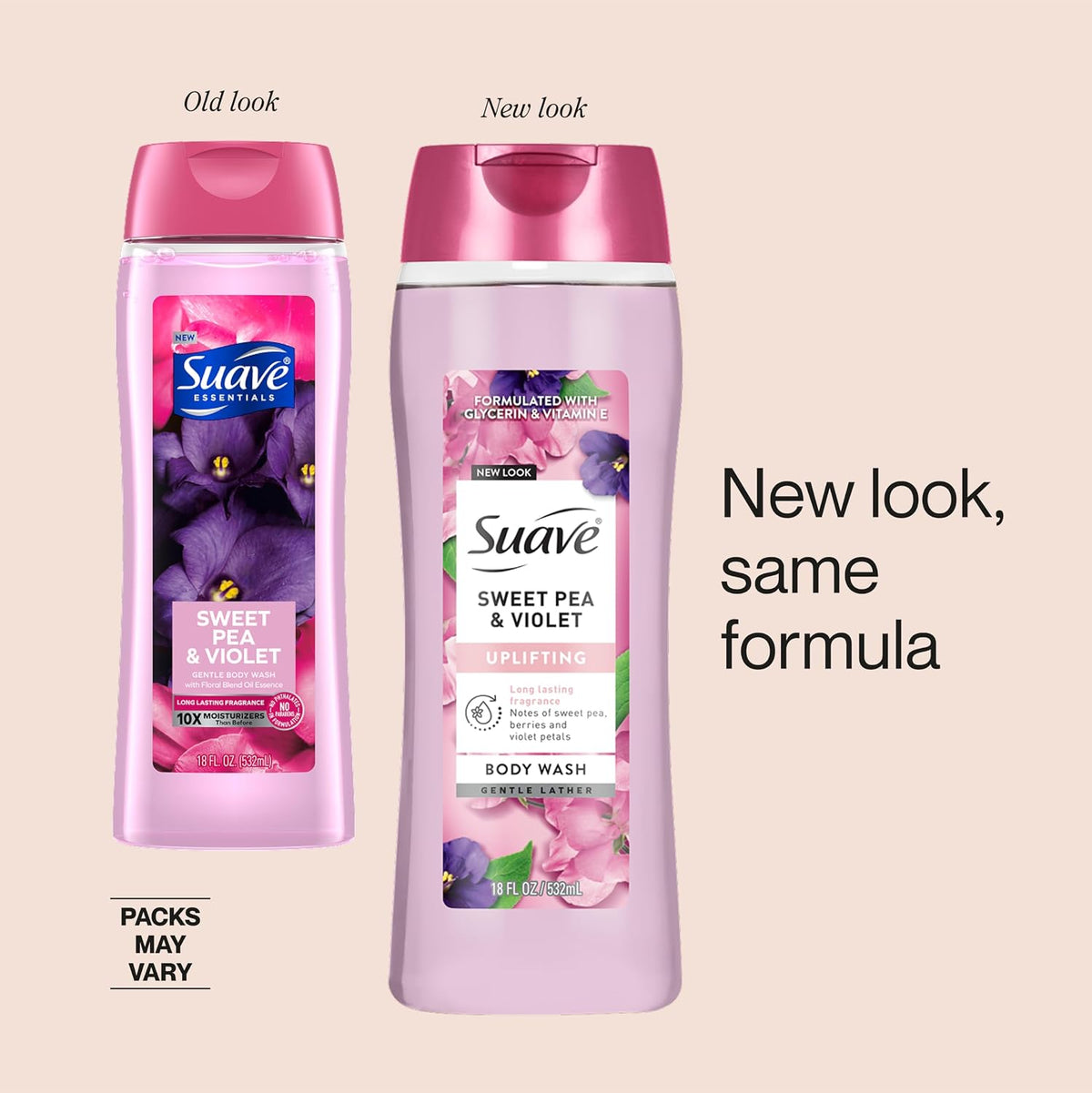 Suave Moisturizing Body Wash, with Sweet Pea Violet and Vitamin E Extract, No Parabens, No Phtahaltes, 18 Fl Oz (Pack of 2)