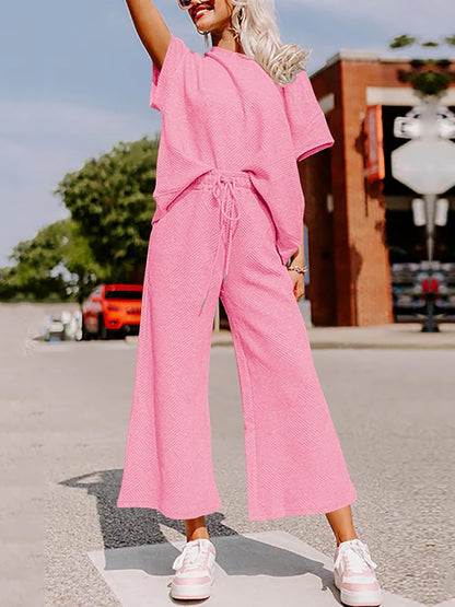 3X Fazortev Womens 2 Piece Outfits Sweatsuit Short Sleeve Tops and Drawstring Waist Cropped Wide Leg Pants Loungewear Sets .