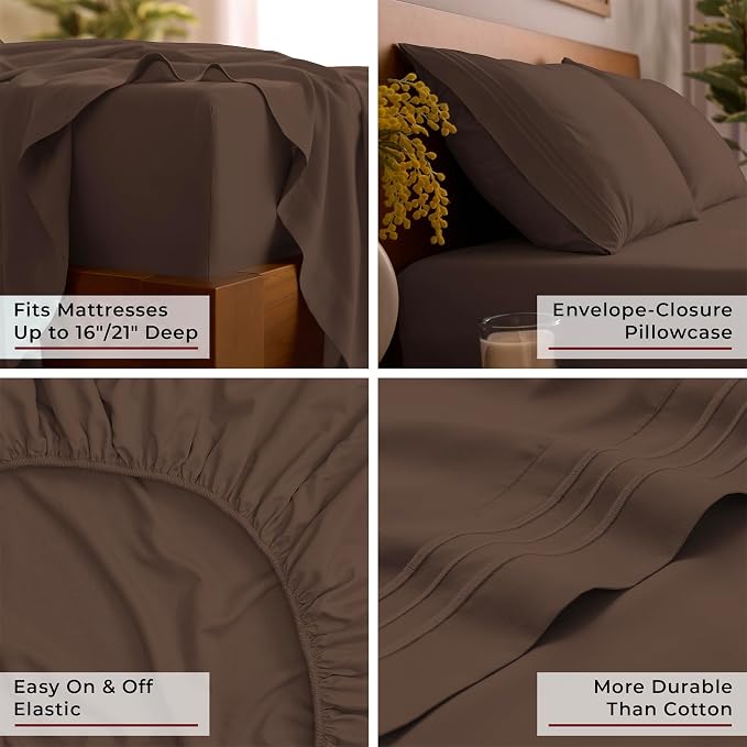Mellanni Iconic 4-Piece, Ultra Soft Sheet Set (King, Brown) 10M+ Sleepers. Lab-tested: Sleeps Cool, Stays Bright, Strong, Smooth. Good Housekeeping Best Bedding, 7 yrs running.