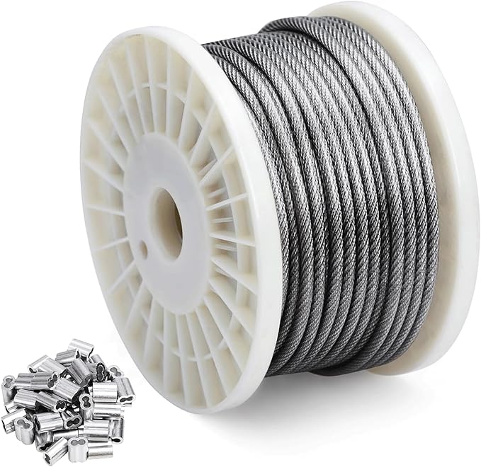 DOEWORKS Wire Rope Stainless Steel Vinyl Coated Aircraft Cable 1/8" Thru 3/16", 100 Ft 7x7 Strands Construction with 50Pcs Aluminum Sleeves,for Decking Railings String Lights,Outdoor,Garden or Crafts