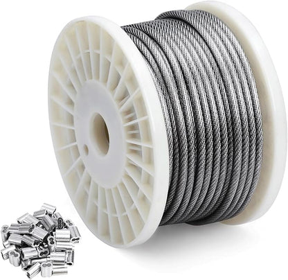 DOEWORKS Wire Rope Stainless Steel Vinyl Coated Aircraft Cable 18" Thru 316", 100 Ft 7x7 Strands Construction with 50Pcs Aluminum Sleeves,for Decking Railings String Lights,Outdoor,Garden or Crafts
