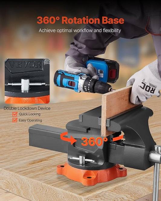 VEVOR Bench Vise, 8" Jaw Width, 8" Max Jaw Opening Multipurpose Vise with 360° Swivel Locking Base, 3.7" Throat Depth, Heavy Duty Ductile Iron Workbench Vise, Two-Way Jaws for Clamping Round Pipes