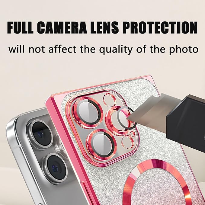 Misscase for iPhone 15 Pro Max Magnetic Case Compatible with MagSafe,Full Protection Glitter Case with Camera Lens Protector Anti-Scratch Dust-Proof Net Case Cover for iPhone 15 Pro Max Pink