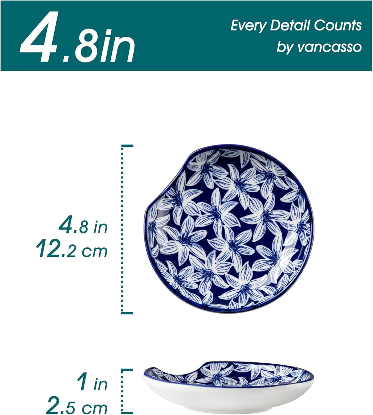 vancasso 6-Pack Ceramic Spoon Rest for Stove Top, Decorative Ceramic Cooking Spoon Holder for Kitchen Counter, 4.8 Inch Blue White Chinoiserie Floral Spoon Rest, Farmhouse Style, SELENE Series