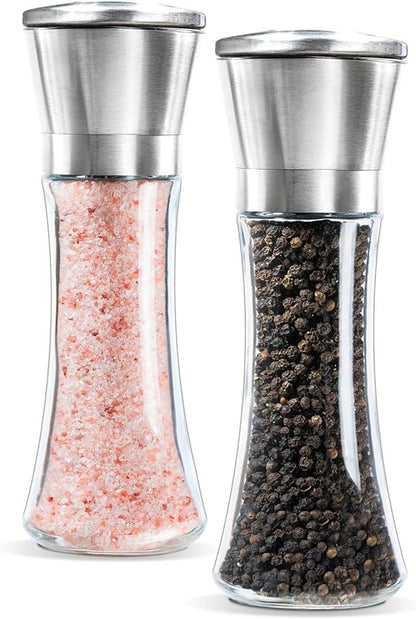 Premium Salt and Pepper Grinder Set of 2- Brushed Stainless Steel Pepper Mill and Salt Mil, Glass Body, Size Grade adjustable ceramic rotor-salt and pepper shakers (tall)