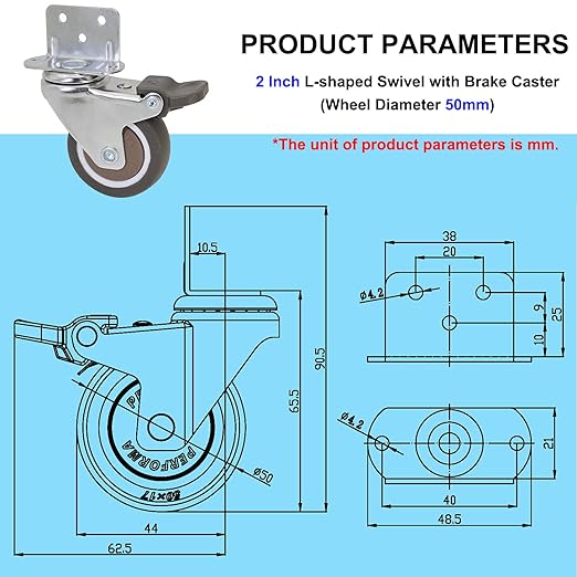 2 Inch L-Shape Plate Swivel Caster w/Brake, L-Clip Side Mount Install Plate for Narrow Place 50mm TPE Rubber Wheel Ball Bearing Furniture Castor Set, 4 Pack Load Capacity 190Lbs/87Kg