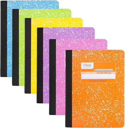Mead Composition Notebook, 6 Pack, College Ruled Paper, 7-12" x 9-34", 100 Sheets per Comp Book, Assorted Colors (850106-ECM)