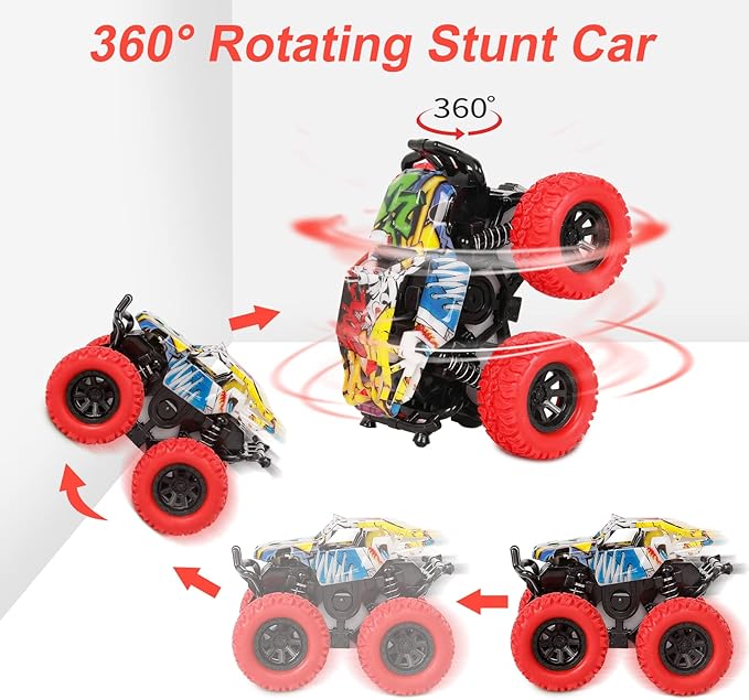 SANMERSEN Monster Truck Toys for Ages 2-4, Friction Cars for Toddlers 1-3 Push and Go 360 Rotating Stunt Car for 2 Year Old Boys Girls Gifts (2 Pack - Red and Yellow)