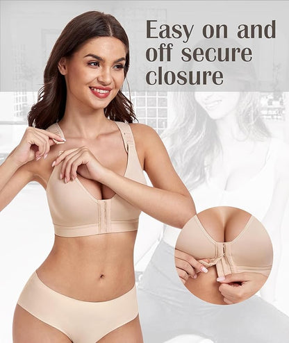 DotVol Women's Front Closure Wireless Adjustable Wide Strap Post-Surgery Everyday Bra