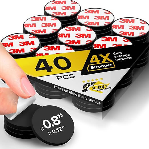 X-bet MAGNET Hyper-Sticky Magnets with Adhesive Backing - (0.8'' x 0.12'', 40 pcs) Strong Magnetic Dots for Whiteboard, Fridge, Crafts - Easy-to-Cut Stickers for Planning and Organization