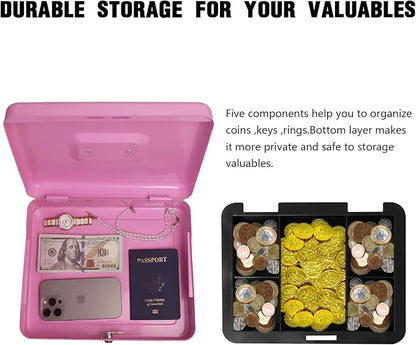 Steel Cash Box with Key Lock, Metal Small Money Organizer with Money Tray,Cash Storage Box with Lockable Cover (Pink - 11.8" x 9.4" x 3.5")
