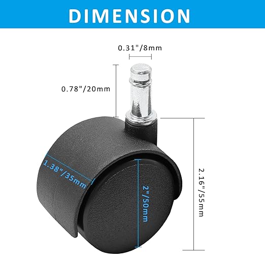 4pcs 2 Inch Swivel Caster Wheels, M8 Circlip Stem Caster Wheels, Heavy Duty Casters, Black Nylon Wheel Replacement for Furniture, Table, Cabinet, Shelf