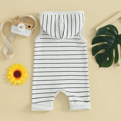 Infant Toddler Baby Boy Girl Sleeveless Hooded Romper One Piece Striped Jumpsuit Coverall Newborn Summer Clothes